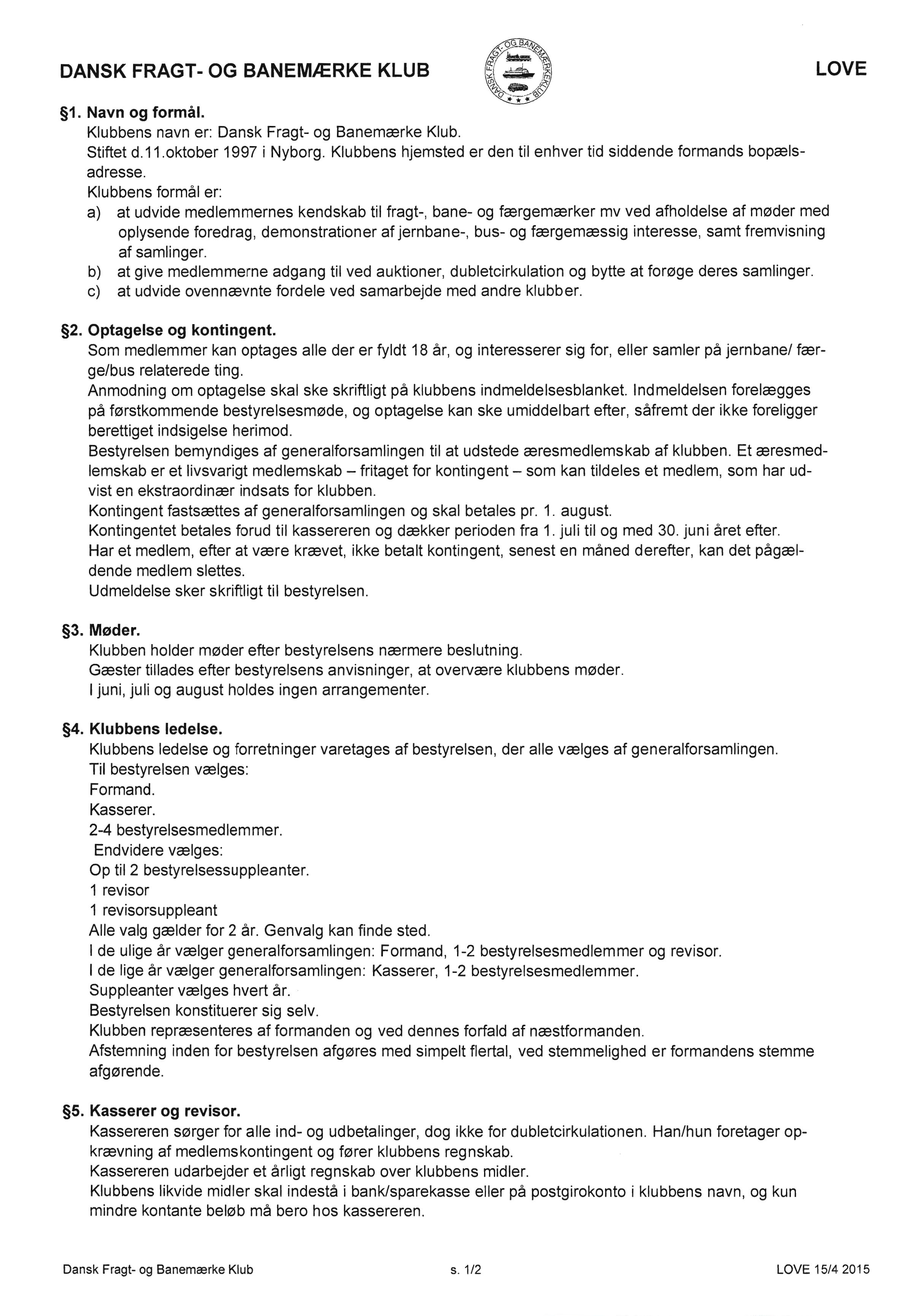 Dansk Fragt- og Banemærkeklub | fragtmaerker.dk - Vedtægter side 1